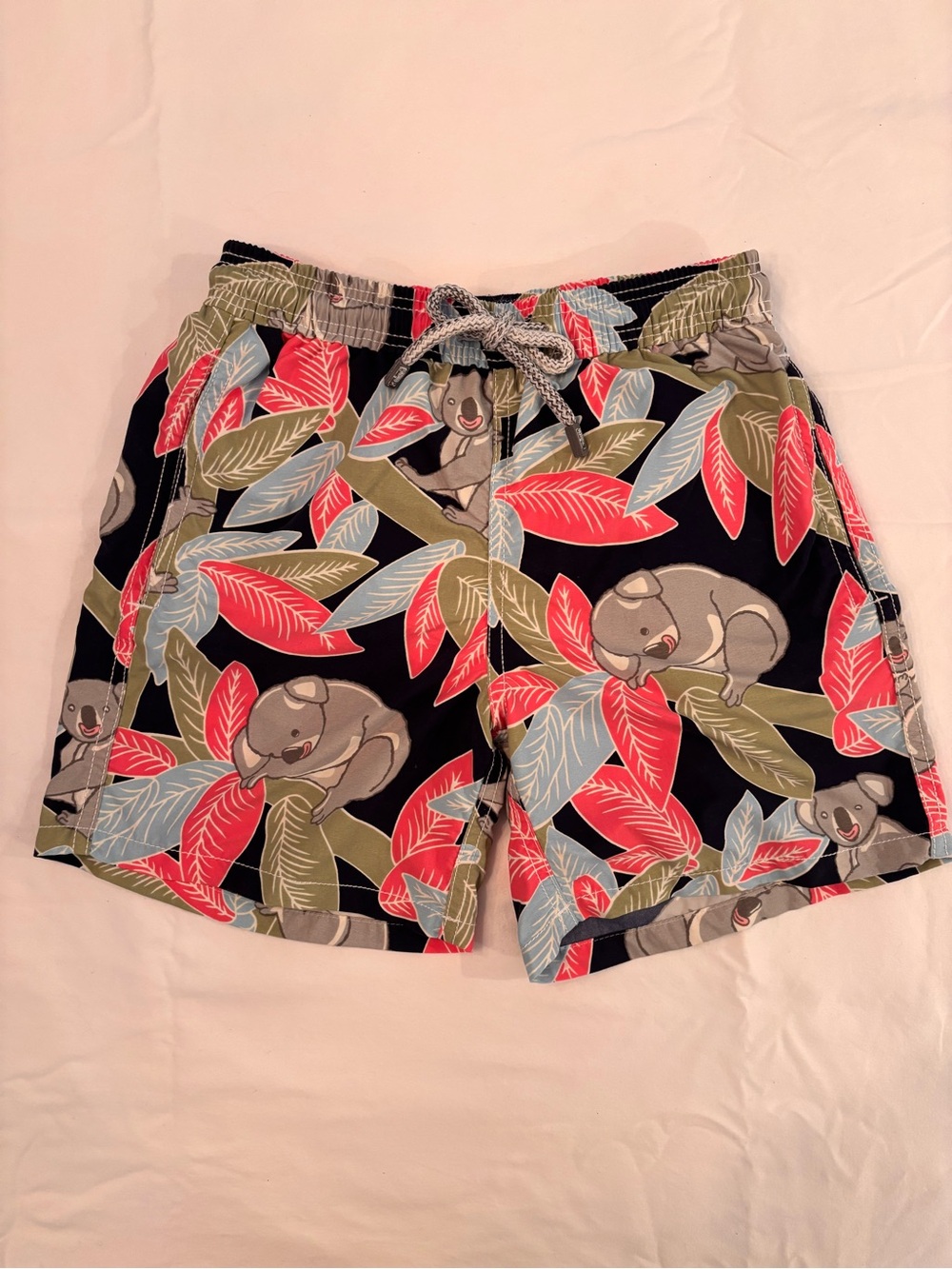 Vilebrequin Kids Black Swim Trunks with Red, Olive & Light Blue Leaf Print
